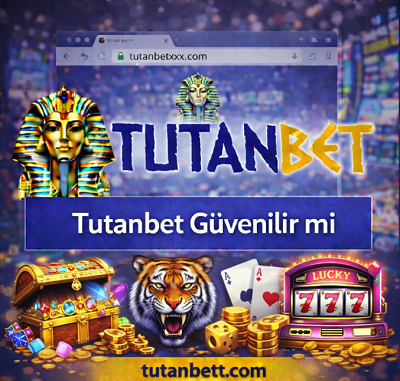 Tutanbet güvenilir mi başlıklı banner, slot makinesi, hazine sandığı ve casino temalı görseller içeren tanıtım görseli
