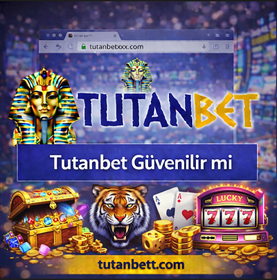 Tutanbet güvenilir mi başlıklı banner, slot makinesi, hazine sandığı ve casino temalı görseller içeren tanıtım görseli