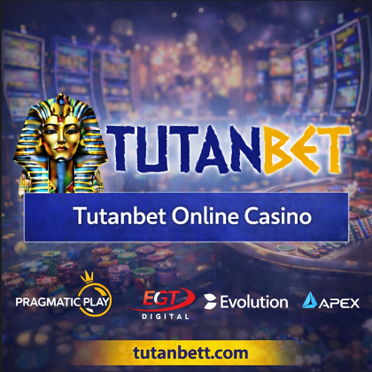 Tutanbet online casino banner görseli, Pragmatic Play, EGT Digital, Evolution ve Apex casino oyun sağlayıcıları ile tutanbett.com adresi